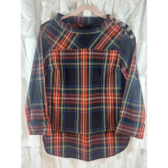 J. Crew Funnelneck Shirt in Stewart Tartan with Jeweled Buttons Women’s Size 4 - Picture 1 of 6